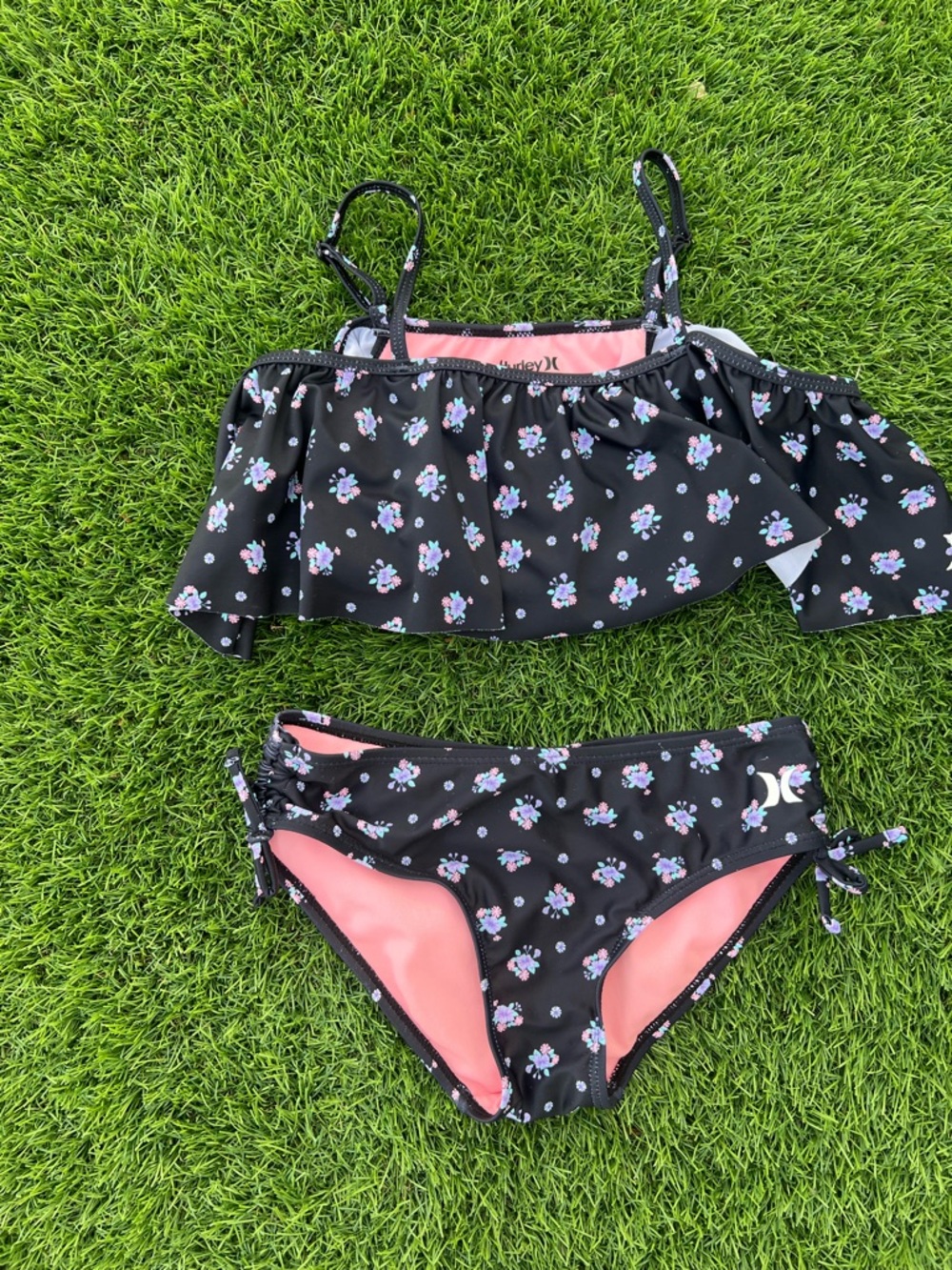 Hurley Black Floral Ruffle Two-Piece Swimsuit